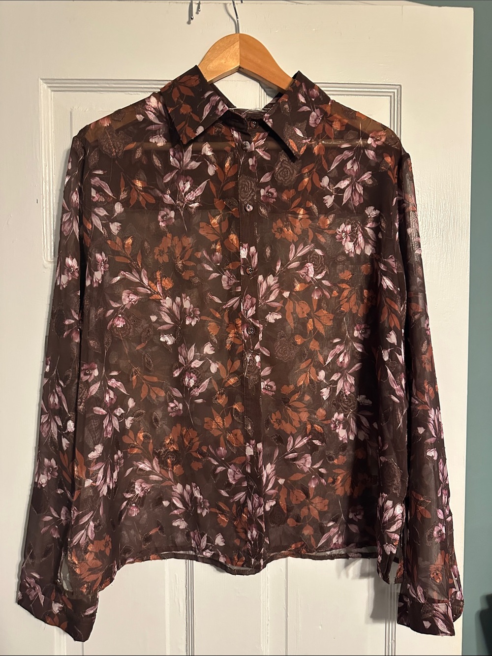 Sage Brown Floral Button-Down Shirt with Pink & Rust Accents
